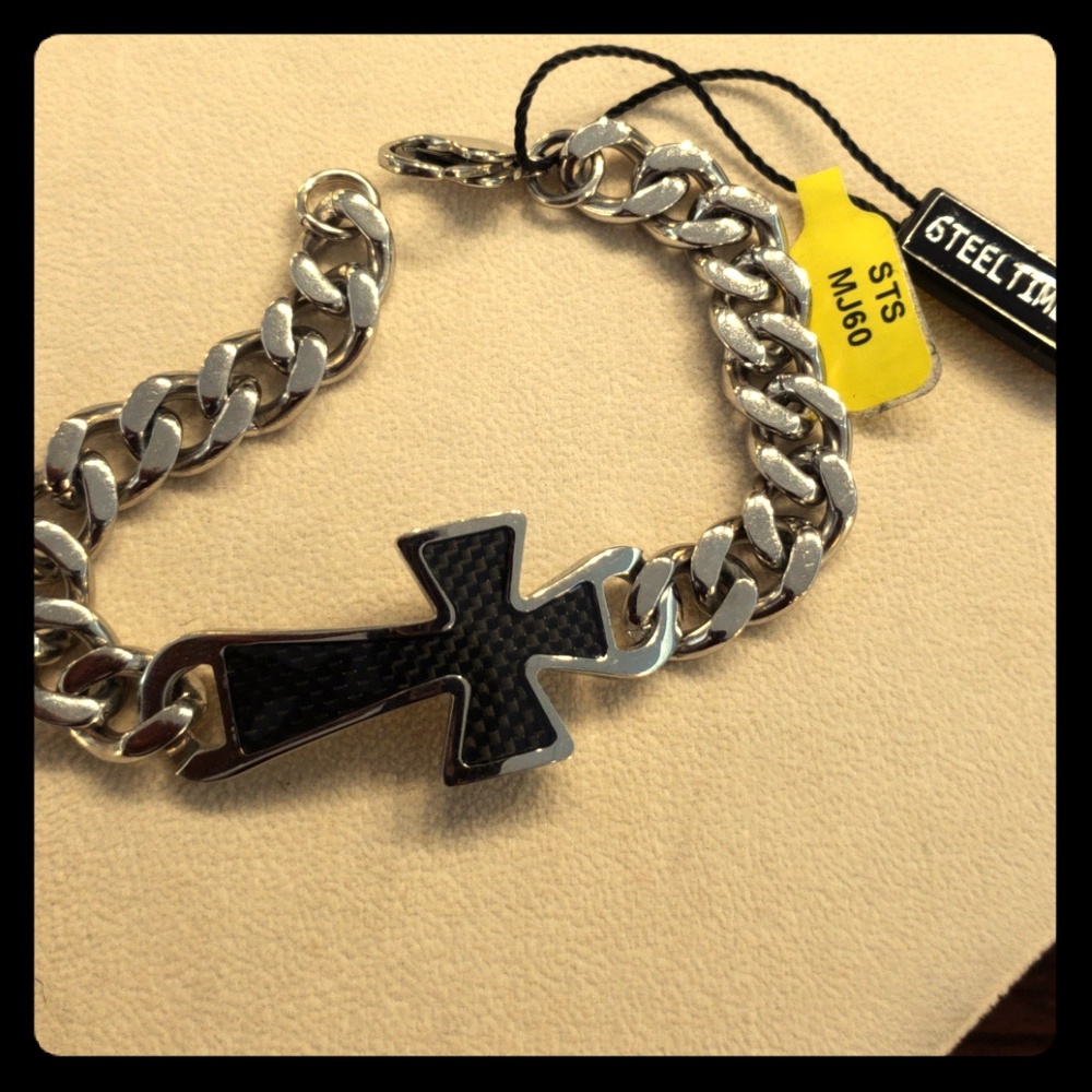 Mens Stainless Steel 9" Black Cross Bracelet